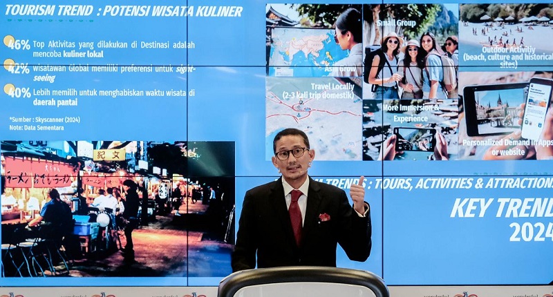 Menparekraf Sandiaga Salahuddin Uno saat The Weekly Brief With Sandi Uno di Jakarta, Senin (18/3/2024), fenomena wisata balas dendam (revenge travel) menurun tahun 2024