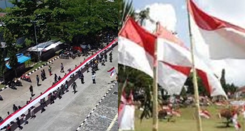 Satgas Pamtas RI-PNG bersama warga membentangkan bendera Merah Putih di Kampung Mosso