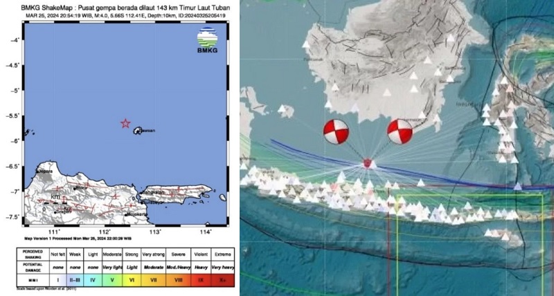 Berdasarkan informasi singkat dari Badan Meteorologi, Klimatologi, dan Geofisika (BMKG), gempa susulan M4 yang mengguncang Tuban itu terjadi Senin malam