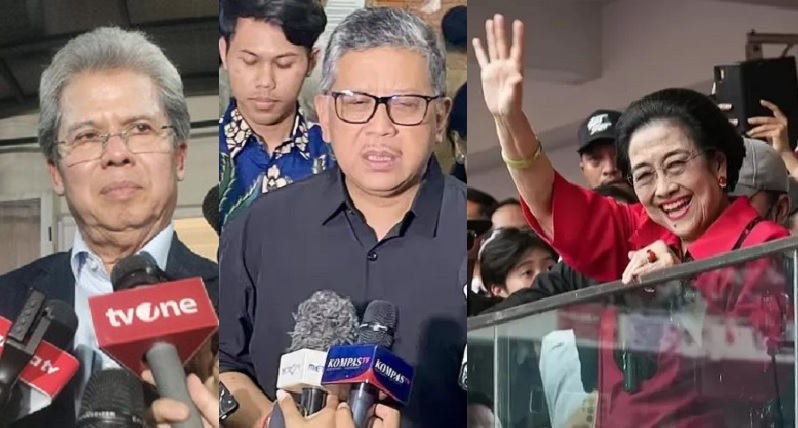 Deputi Hukum Tim Pemenangan Nasional (TPN) Ganjar-Mahfud, Todung Mulya Lubis (kiri) dan Sekretaris Jenderal PDI Perjuangan (PDIP) Hasto Kristiyanto menyatakan Ketua Umum PDI Perjuangan (PDIP) Megawati Soekarnoputri siap hadir di Mahkamah Konstitusi (MK) jika dipanggil sebagai saksi dalam sidang perkara PHPU Pilpres tahun 2024
