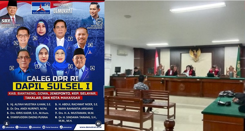 Calon Legislatif (Caleg) DPR RI asal Partai Demokrat Sulawesi Selatan Syarifuddin Daeng Punna (kanan) mendengarkan putusan terkait pelanggaran aturan Pemilu 2024 di ruang sidang Pengadilan Negeri Kelas I A Makassar, Sulawesi Selatan, Rabu, (3/4/2024). 