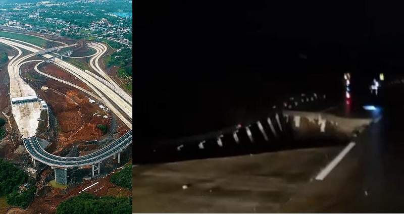 Kondisi Jalan Tol Bocimi di KM 64-600 tepatnya di Tol Parungkuda arah Sukabumi, Kecamatan Ciambar, Kabupaten Sukabumi, Jabar yang longsor dan membentuk lubang besar pada Rabu (3/4/2024).
