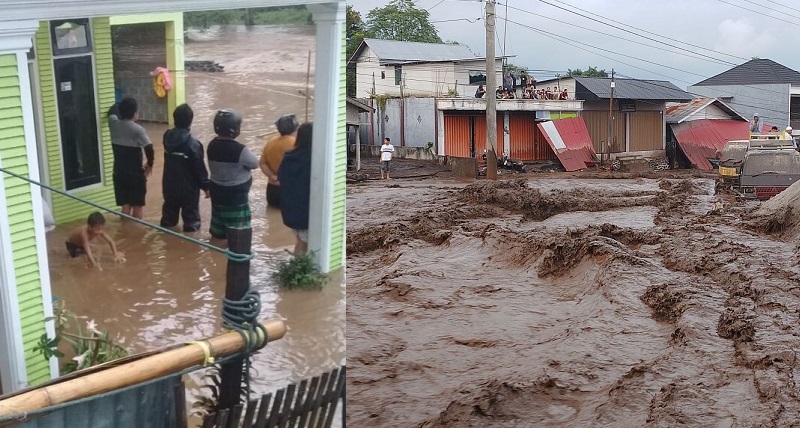 Hujan dengan intensitas tinggi yang berlangsung lama menyebabkan banjir dan tanah longsor menerjang Kota Bitung, Sulawesi Utara (Sulut), Minggu (7/4/2024)). 