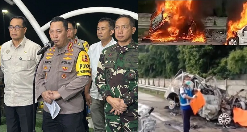 Kapolri Jenderal Pol Listyo Sigit Prabowo didampingi Panglima TNI Jenderal TNI Agus Subiyanto dan Menhub Budi Karya Sumadi memberikan keterangan terkait kecelakaan maut yang menewaskan 12 orang di Km 58 Tol Jakarta-Cikampek