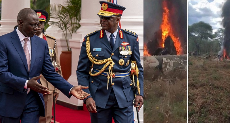 Panglima Angkatan Pertahanan Kenya Jenderal Francis Ogolla (kanan) berbicara dengan Presiden William Ruto dan kecelakaan helikopter yang menewaskan Ogolla