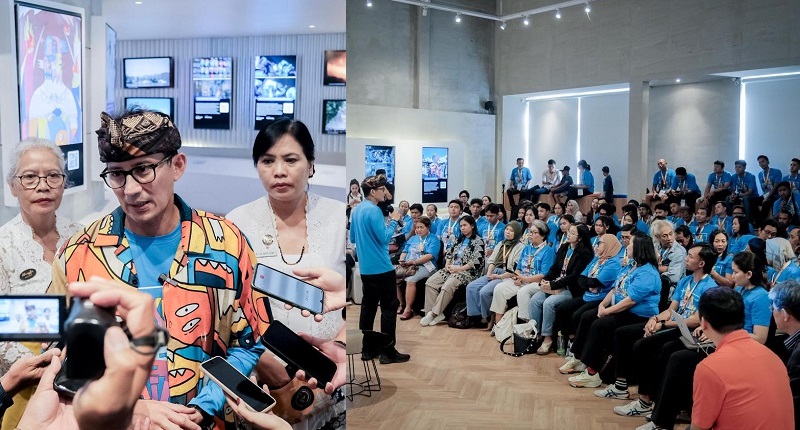 Menparekraf Sandiaga Salahuddin Uno saat menghadiri kegiatan Netas (Nemuin Komunitas) di Superlative Gallery, Bali, Sabtu (18/5/2024).