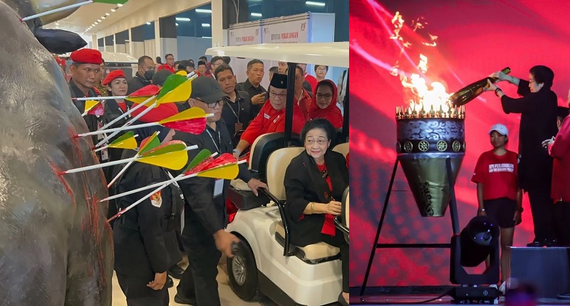 Ketua Umum PDIP Megawati Soekarnoputri melihat patung ‘Banteng Tegar Walau Dipanah’ sebelum menyulut Obor Api Perjuangan Nan Tak Kunjung Padam sebagai tanda dibukanya Rakernas V PDIP di Ancol, Jakarta, Jumat (14/5/2024)
