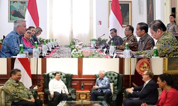 Menteri Koordinator Bidang Perekonomian Airlangga Hartarto mendampingi Presiden Joko Widodo (Jokowi) dan Menteri Menteri Pertahanan sekaligus Presiden terpilih periode 2024-2029 Prabowo Subianto bertemu dengan Sekjen Organisation for Economic Co-operation and Development (OECD) Mathias Cormann, Selasa (28/5/2024).