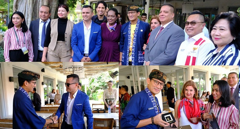 Menparekraf Sandiaga Salahuddin Uno saat menyambut para peserta famtrip di Bali Collection, Nusa Dua, Bali, Jumat (14/6/2024)