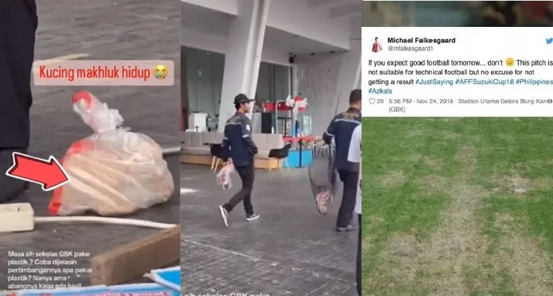 Tindakan vendor yang membungkus kucing dalam plastik (kiri) dan kondisi rumput lapangan sepakbola Stadion Utama Gelora Bung Karno yang buruk membuat Pengelola GBK dikritik dan dikecam dalam satu minggu ini. 