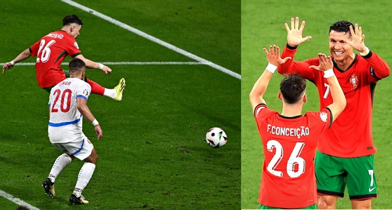 Cristiano Ronaldo melakukan tos kemenangan dengan Francisco Conceicao yang mencetak gol kemenangan Portugal 2-1 atas Ceko pada laga Grup F Piala Eropa (Euro) 2024 di Leipzig, Jerman, Rabu (19/6/2024)