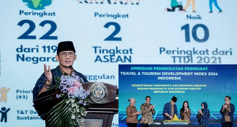 Menparekraf Sandiaga Salahuddin Uno saat sambutannya di acara "Apresiasi Peningkatan Peringkat TTDI 2024" yang berlangsung di Balairung Soesilo Soedarman, Gedung Sapta Pesona, Jakarta, Rabu (19/6/2024).