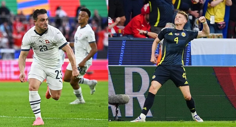 Xherdan Shaqiri merayakan suksesnya mencetak gol balasan Swiss setelah Scott McTominay membuat Skotlandia memimpin 1-0  dalam laga Grup A Euro2024 yang berakhir imbang 1-1 di Cologne, Jerman, Rabu atau Kamis (20/6/2024) WIB.