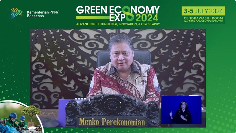 Menteri Koordinator Bidang Perekonomian Airlangga Hartarto secara virtual membuka Green Economy Expo 2024, yang mengangkat tema “Advancing Technology, Innovation, and Circularity”, di Jakarta