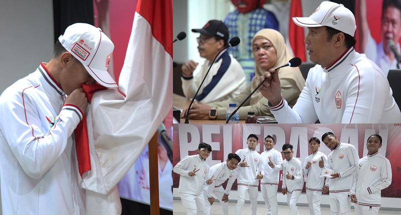 Acara pelepasan Tim Gulat DKI Jakarta PON XXI 2024 di Kantor Pengelola GOR PPOP DKI Jakarta, Ragunan, Jakarta Selatan, Senin, 9 September 2024