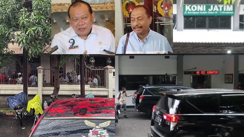 Komisi Pemberantasan Korupsi (KPK) menggeledah rumah senator anggota DPD RI La Nyalla Mahmud Mattalitti (kiri) dan Kantor Komite Olahraga Nasional Indonesia (KONI) Jawa Timur (Jatim) di Surabaya, (inset Ketua KONI Jatim Muhammad Nabil) terkait kasus dugaan tindak pidana korupsi pengelolaan dana hibah pokmas di lingkungan Pemerintah Provinsi Jatim pada 2021-2022.