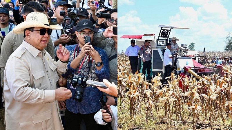 Presiden Prabowo Subianto saat secara resmi melepas keberangkatan ekspor perdana jagung sebanyak 1.200 ton ke Kuching, Malaysia, dan melakukan Panen Raya Jagung Serentak Kuartal II di 36 Polda se-Indonesia yang dipusatkan di Kabupaten Bengkayang, Kalimantan Barat, Kamis, 5 Juni 2025. (BPMI Setpres/Cahyo)