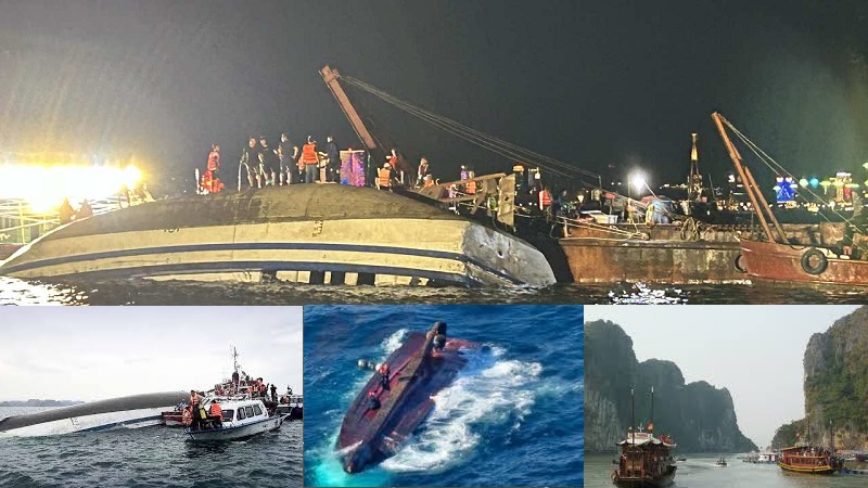 Kapal wisata yang membawa 48 penumpang dan lima awak kapal terbalik di situs Warisan Dunia Unesco, Teluk Halong, Vietnam karena hujan deras yang turun tiba-tiba, Sabtu (19/7/2025).