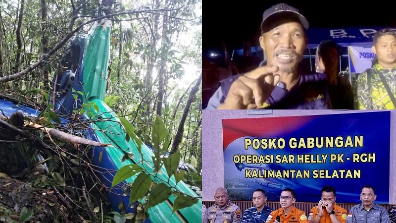 Remisor, warga lokal (kanan atas kiri) dan Tim SAR gabungan berhasil menemukan helikopter BK117-D3 PK-RGH milik PT Eastindo Air yang hilang kontak di kawasan hutan Mentewe, Pegunungan Meratus, Kalimantan Selatan.