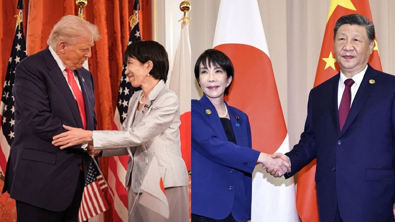 Perdana Menteri (PM) Jepang Sanae Takiachi sama-sama sedang bersalaman dengan Presiden Amerika Serikat Donald Trump (gambar kiri) dan dengan Presiden Tiongkok Xi Jinping. 