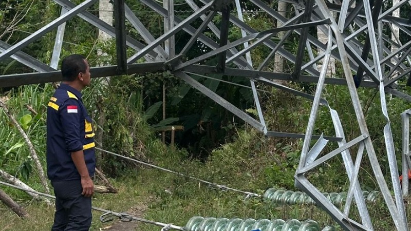 Menteri Energi dan Sumber Daya Mineral (ESDM) Bahlil Lahadalia meninjau salah satu titik tower transmisi yang mengalami kerusakan akibat bencana banjir saat melakukan kunjungan kerja ke Kabupaten Bireuen, Provinsi Aceh pada Selasa (2/12/2025). (Kementerian ESDM)