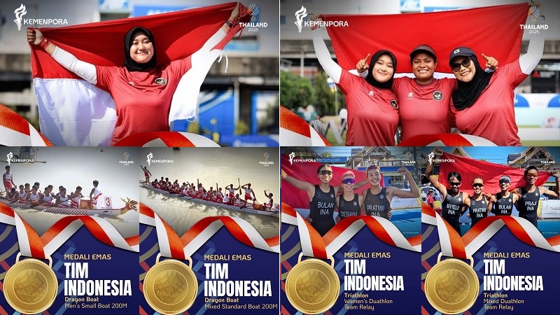Tim panahan compound putri Indonesia (atas) bersama tim perahu nada dan triathlon berjaya merebut masing-masing dua medali emas pada SEA Games XXXIII tahun 2025 Thailand, Kamis (18/12/2025). (Kemenpora)