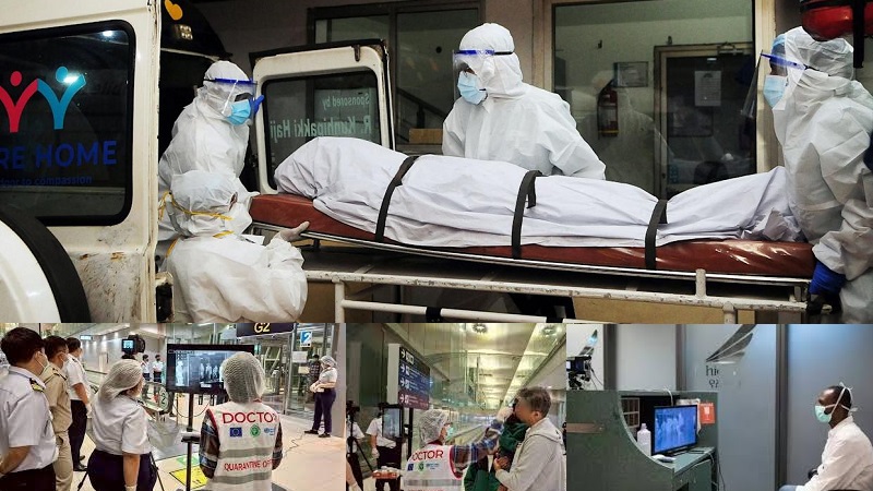 Petugas medis dengan perlengkapan pelindung memindahkan jenazah pasien Nipah ke kamar mayat rumah sakit di Kerala, pada tahun 2023, sementara petugas kesehatan Thailand mengenakan masker pelindung untuk memantau penumpang dari penerbangan internasional yang tiba di Bandara Suvarnabhumi.
