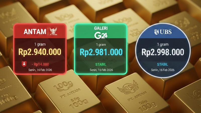 Pergerakan harga emas PT Aneka Tambang (Antam), Galeri24 dan UBS pada perdagangan Senin (16/2/2026) bisa menjadi momentum untuk melakukan akumulasi strategis.