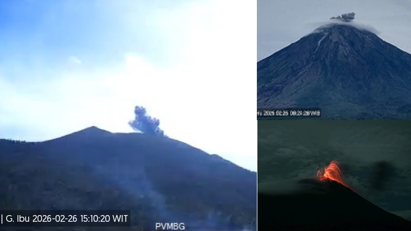 Gunung Ibu (kiri), Gunung Semeru (kanan atas) dan Gunung Ili Lewotolok (kanan bawah) tampak melontarkan kolom abu ke angkasa ketika erupsi Kamis (26/2/2026). (PVMBG/Magma)