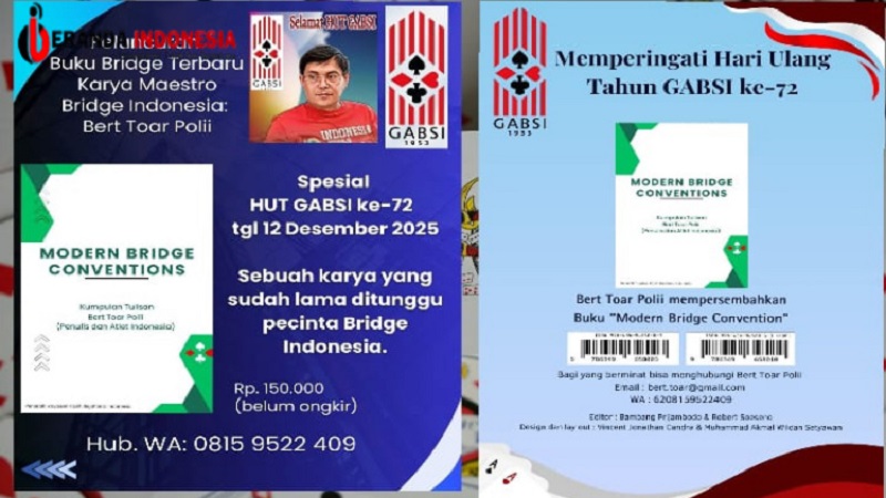 Resensi Buku Modern Bridge Conventions, Penulis: Bert Toar Polii, Penerbit: Yayasan Kasih Sejahtera Indonesia, Tahun Terbit: Desember 2025, Tebal: 104 halaman, ISBN: 978-634-96580-0-3 (print) | 978-634-96580-1-0 (PDF)