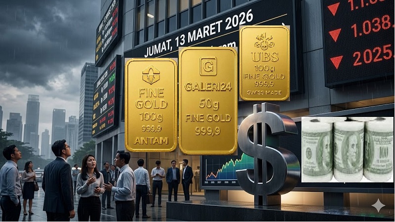 Perkasanya nilai tukar dolar Amerika Serikat (AS) membuat harga emas PT Aneka Tambang (Antam), Galeri24 dan UBS harus sama-sama anjlok pada perdagangan Jumat (13/3/2026). (AI/Ist)