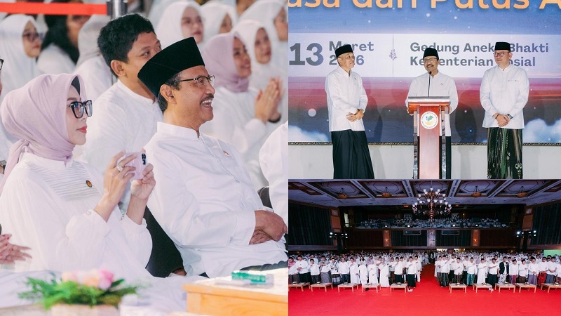 Menteri Sosial Saifullah (Mensos) Yusuf atau Gus Ipul pada acara pertemuan dengan seluruh pegawai di lingkungan Kementerian Sosial (Kemensos) menjelang Hari Raya Idul Fitri di Gedung Aneka Bhakti Kemensos, Jakarta, Jum’at (13/3/2026). (Kemensos)