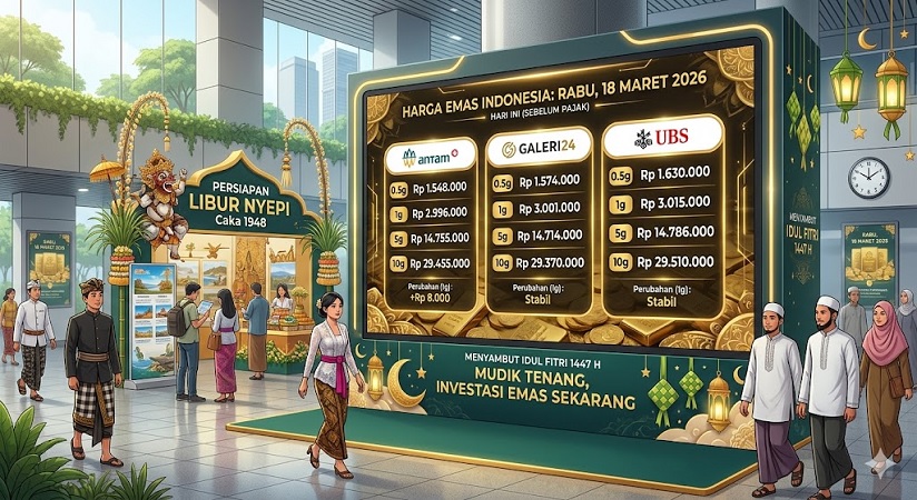Menjelang Hari Raya Nyepi dan Idulfitri, harga emas PT Aneka Tambang (Antam), Galeri24 dan UBS pada perdagangan Rabu (18/3/2026) menunjukkan geliat positif. 