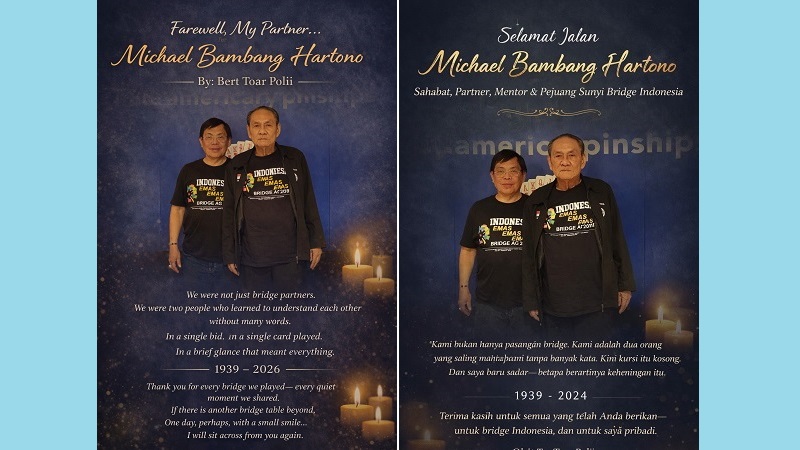 Puluhan tahun Michael Bambang Hartono, atau yang akrab kami panggil Bambang, mengabdikan diri pada olahraga bridge—tanpa gemuruh, tanpa sorotan, bahkan tanpa keinginan untuk dikenal.