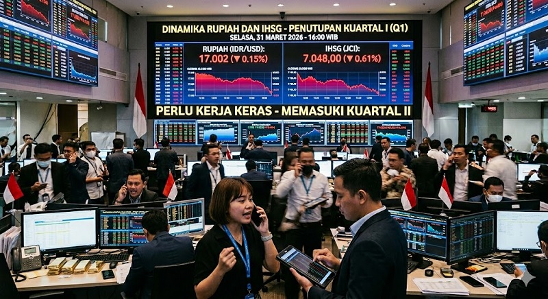 Perlu kerja keras karena nilai tukar (kurs) rupiah dan Indeks Harga Saham Gabungan (IHSG) Bursa Efek Indonesia (BEI) masih-masih sama-sama memerah pada penutup bulan Maret 2026 yang menjadi berakhirnya periode laporan kuartal pertama tahun 2026. (AI)