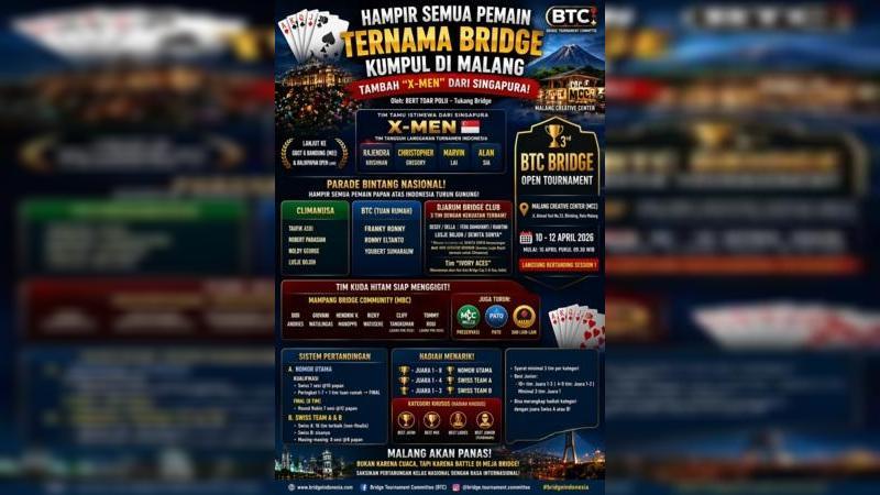 Gelaran 3rd BTC Bridge Open Tournament akan membuat Malang panas bukan karena cuaca tapi battle di meja bridge