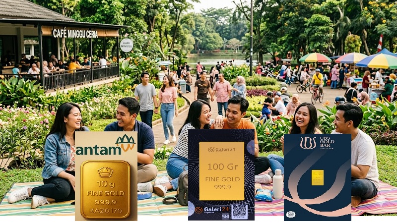 Meski harga emas dunia sempat bergejolak di level tinggi namun di pasar domestik Minggu (5/4/2026) emas  PT Aneka Tambang (Antam), Galeri24 dan UBS, memasuki Minggu tenang. (AI/Ist)