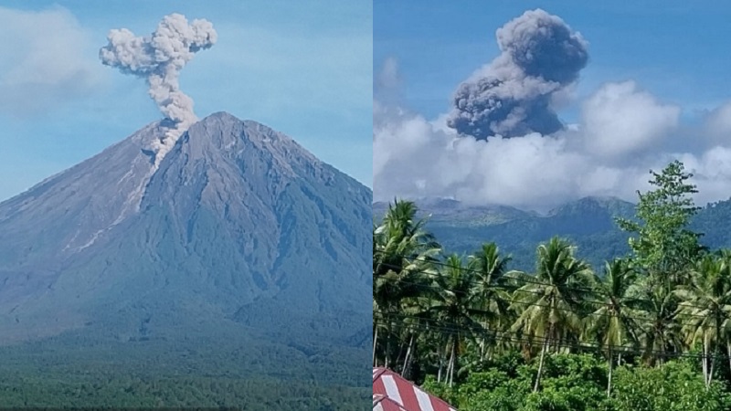 Erupsi Gunung Semeru di Jawa Timur (Jatim) dan Gunung Dukono Maluku Utara (Malut), Senin (6/4/2026), yang teramati melontarkan abu vulkanik setinggi 1.100 m dan 1.000 m. (Magma Indonesia)