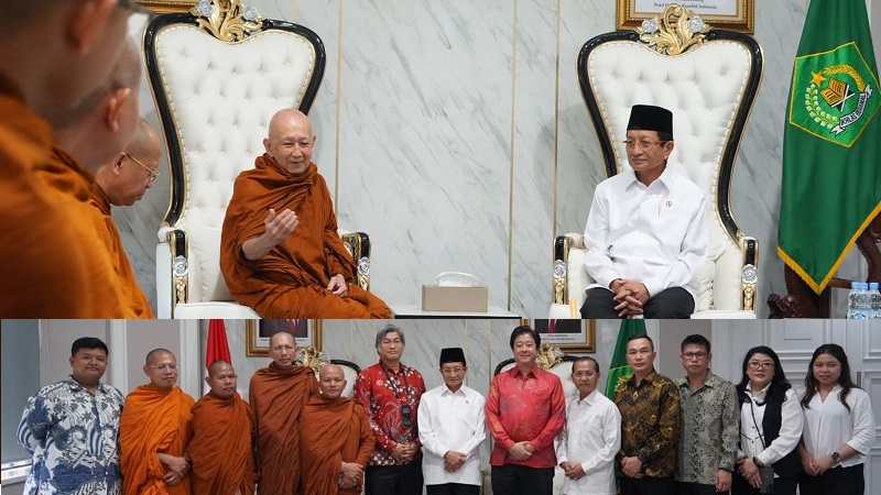 Menteri Agama Nasaruddin Umar menerima audiensi Bhante Sri Paññavaro Mahāthera bersama jajaran Sangha Theravada Indonesia (atas) dan perwakilan WALUBI, di Kantor Kemenag Pusat, Jakarta, Selasa (7/4/2026). (Kemenag)
