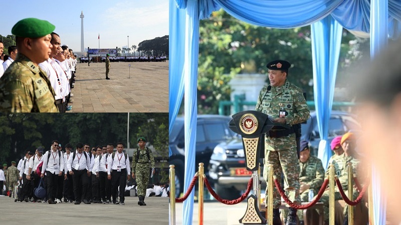 Kepala Bacadnas Kementerian Pertahanan  (Kabacadnas Kemhan), Letjen TNI Gabriel Lema memimpin apel pemberangkatan calon Komponen Cadangan (Komcad) Aparatur Sipil Negara (ASN) Kementerian/Lembaga Gelombang I Tahun Anggaran 2026, di Silang Selatan Monas, Jakarta, Senin (13/4/2026). (Biro Infohan Setjen Kemhan)