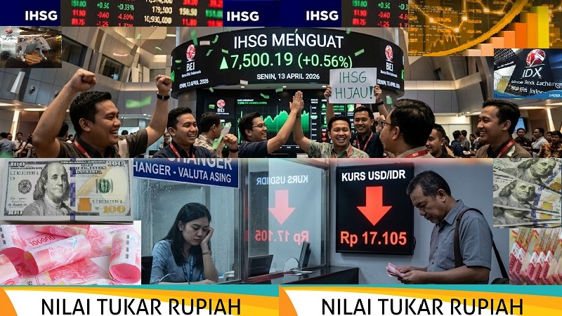 Suasana ceria mewarnai Bursa Efek Indonesia (BEI) setelah Indeks Harga Saham Gabungan (IHSG) bangkir menguat Senin (13/4/2026) sementara kelesuan terjadi di penukaran mata uang karena nilai tukar (kurs) rupiah masih berada di zona merah. 
