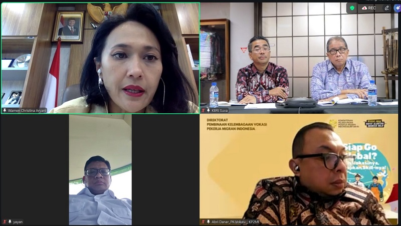 Jajaki Peluang Penempatan Pekerja Migran Indonesia, Wakil Menteri Pelindungan Pekerja Migran Indonesia (Wamen P2MI), Christina Aryani melakukan pertemuan daring dengan Duta Besar RI untuk Fiji (merangkap Kiribati, Nauru, dan Tuvalu), Dupito Dharma Simamora