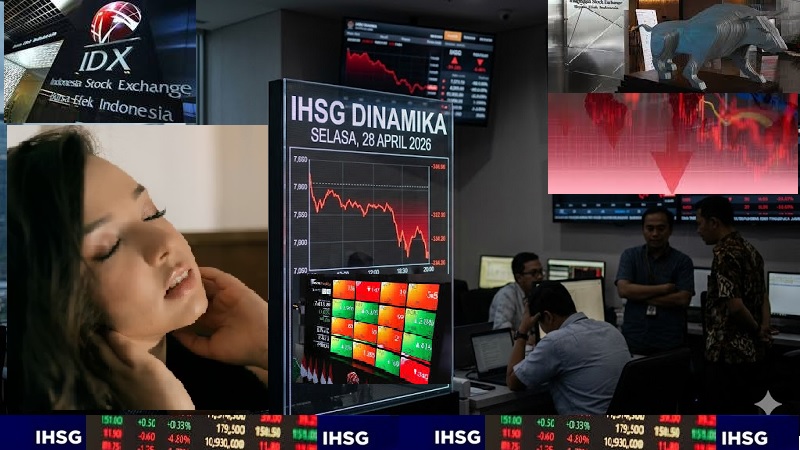 Pasar keuangan dalam negeri harus rela ditutup di zona merah pada perdagangan Selasa (28/4/2026) setelah  Indeks Harga Saham Gabungan (IHSG) Bursa Efeak Indonesia (BEI) mengalami tekanan akibat kombinasi aksi jual investor asing serta panasnya tensi geopolitik global. (AI/Ist)