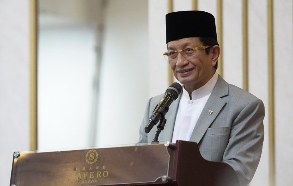 Menteri Agama (Menag) Nasaruddin Umar memberi sambutan saat membuka Lokakarya Penguatan Ekoteologi BMBPSDM Kemenag di Bogor, Selasa (19/5/2026). (Kemenag)
