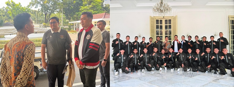 Wakil Presiden Gibran Rakabuming Raka berbincang dengan Sekretaris Jenderal Pengurus Pusat Federasi Hockey Indonesia (PP FHI) Yasser Arafat Suaidy (gambar kiri) dan saat berpose bersama Timnas Hoki dan pengurus FHI di Istana Wapres, Rabu (29/4/2026)