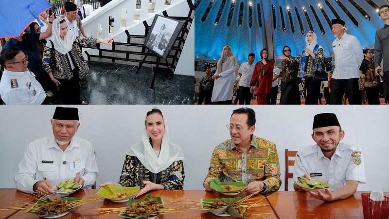 Menteri Pariwisata (Menpar) Widiyanti Putri Wardhana dalam kunjungannya ke Sumatera Barat (Sumbar) mengunjungi Masjid Raya Syekh Ahmad Khatib Al-Minangkabawi, Jam Gadang dan kawasan Pasar Ateh serta tidak melewatkan menikmati sate padang. (Kemenpar) 
