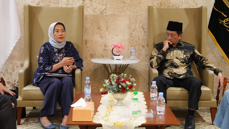 Menteri Agama (Menag) Nasaruddin Umar ketika menerima audiensi Ketua Komisi Nasional Anti Kekerasan terhadap Perempuan (Maria Ulfah Anshor) di Masjid Istiqlal, Jakarta, Rabu (6/5/2026), menyatakan Kementerian Agama (Kemenag) tengah menyiapkan langkah besar untuk pencegahan kekerasan seksual di pesantren. (Kemenag)