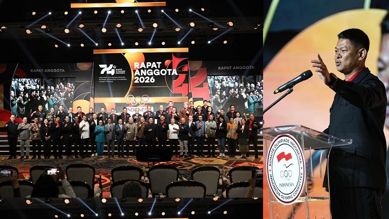 Ketua Umum Komite Olimpiade Indonesia (KOI)/Presiden National Olympic Committee (NOC) Indonesia, Raja Sapta Oktohari yang akrab disapa Okto pada pembukaan Rapat Anggota Komite Olimpiade Indonesia (NOC Indonesia) tahun 2026 di Ballroom Fairmont Hotel, Senayan, Jakarta, Sabtu (9/5/2026). (NOC Indonesia/ Naif Muhammad Al-As)