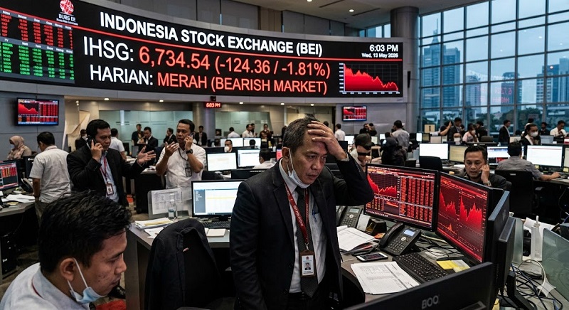 Indeks Harga Saham Gabungan (IHSG) Bursa Efek Indonesia (BEI) harus real memasuki libur panjang dengan loyo dan wajah memearah setelah gagal bangkit dari tekanan sehingga  malah ambles pada perdagangan Rabu (13/5/2026). (AI)