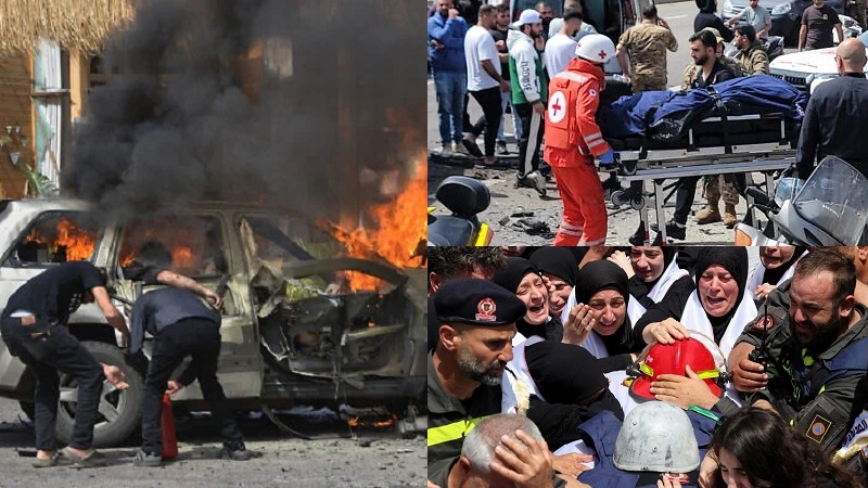 Tampak seorang pria masih di dalam mobil yang terbakar, kesibukan petugas mengevakuasi korban dan tangis para ibu setelah serangan Israel di Lebanon, Rabu (13/5/2026). (ist)
